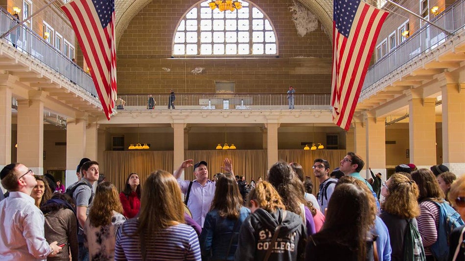 interior view of Ellis Island Immigration Museum at the Statue of Liberty in NYC, New York, USA