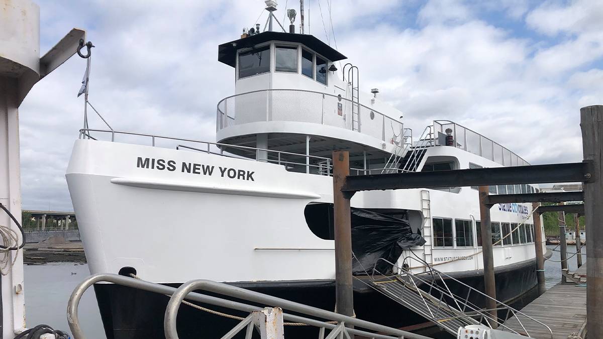 Close up of boat Miss New York to take people to statue of liberty in NYC, New York, USA
