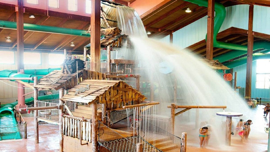 aerial view of waterfall and indoor pool at Grand Country Resort in Branson, Missouri, USA