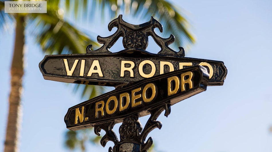 close up of Rodeo Drive street sign in Beverly Hills near Los Angeles, California, USA