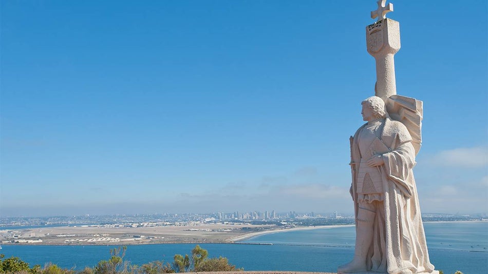 distant view of the Cabrillo National Monument with the skyline in the background in San Diego, California, USA