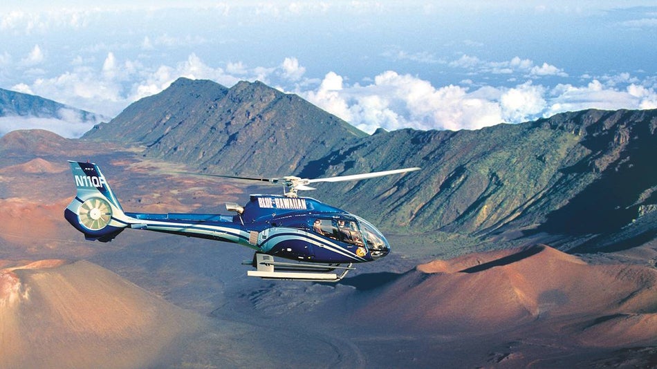 Aerial View of a Blue Hawaiian Helicopter Tour over Haleakala, the world’s largest dormant volcano - Maui, Hawaii, USA