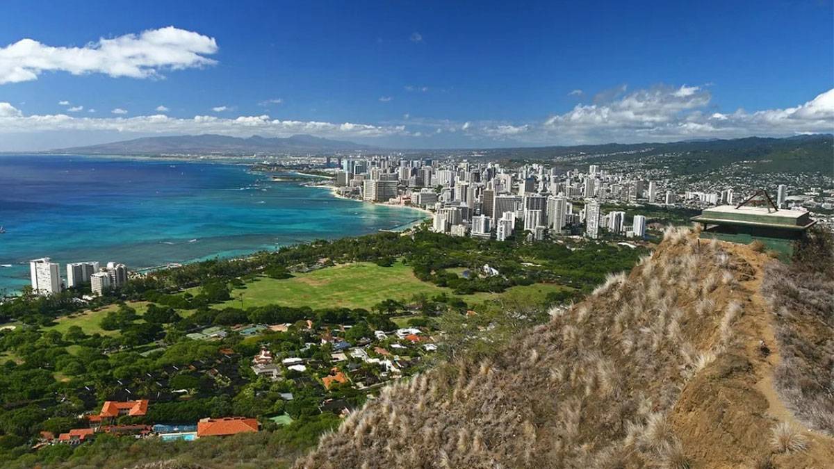 View of Honolulu and Beach from Diamond Head State Monument - Oahu, Hawaii, USA
