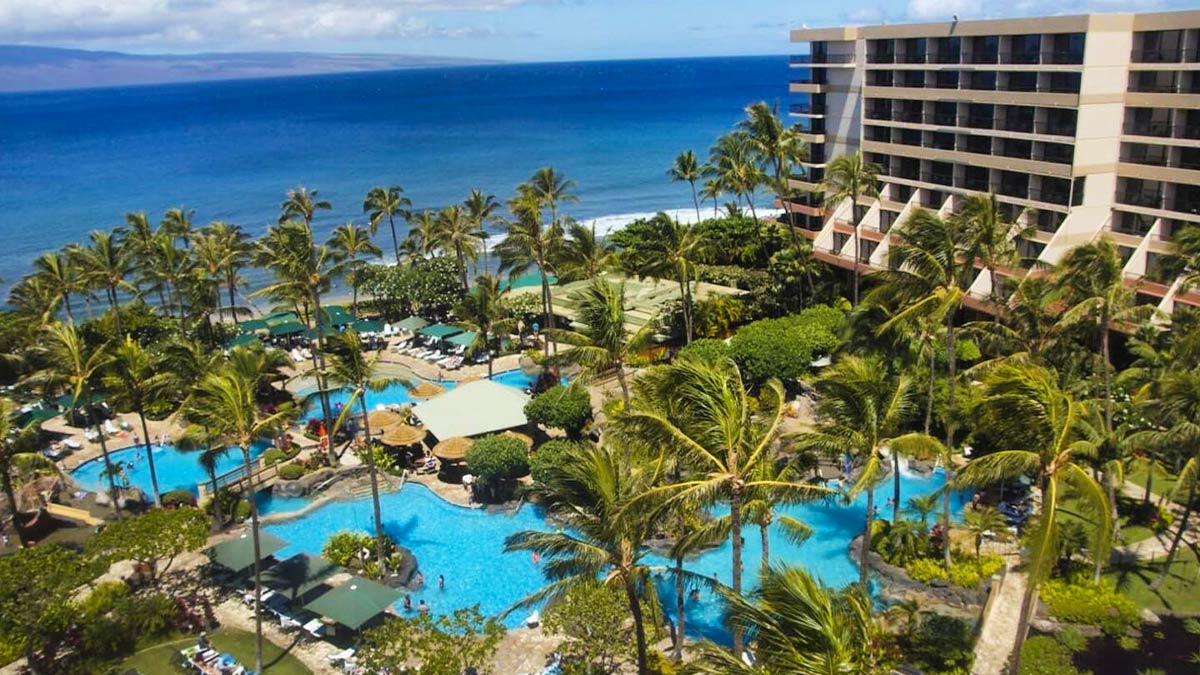 aerial view of Marriott's Maui Ocean Club exterior and pools in Maui, Hawaii, USA