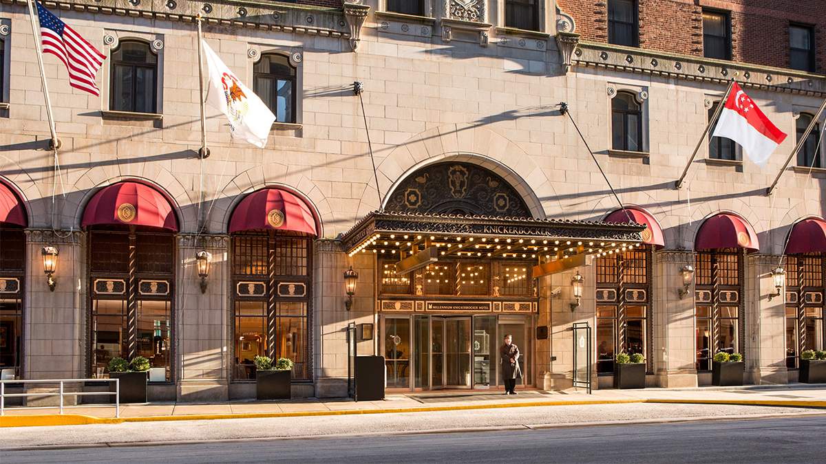 exterior ground view of entrance of Millennium Knickerbocker Hotel Chicago in Chicago, Illinois, USA