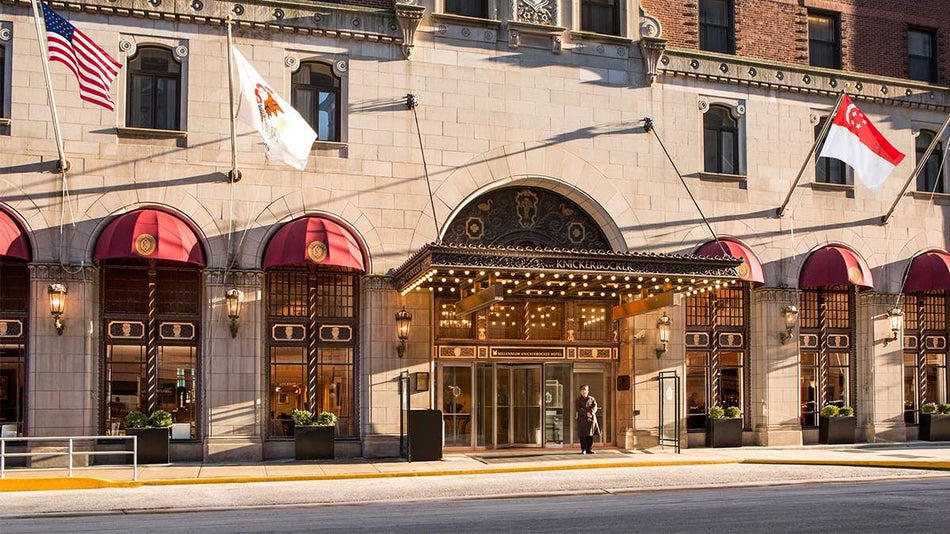 exterior ground view of entrance of Millennium Knickerbocker Hotel Chicago in Chicago, Illinois, USA