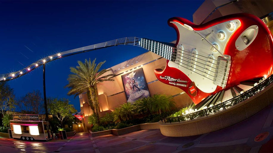 Giant Guitar and the Exterior to the The Rock ‘n’ Roller Coaster at Disney World's Hollywood Studios - Orlando, Florida, USA