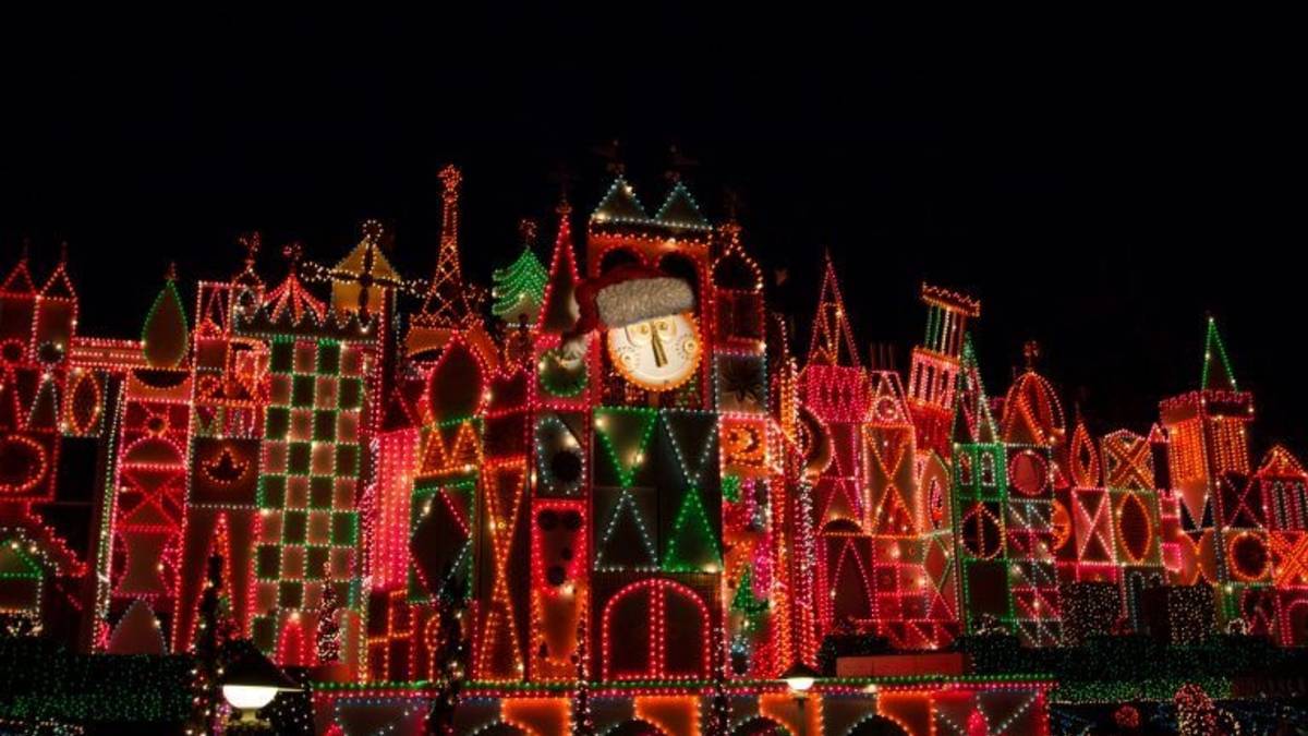 View of Holiday lights at It's a Small World at Disneyland - Los Angeles, California, USA