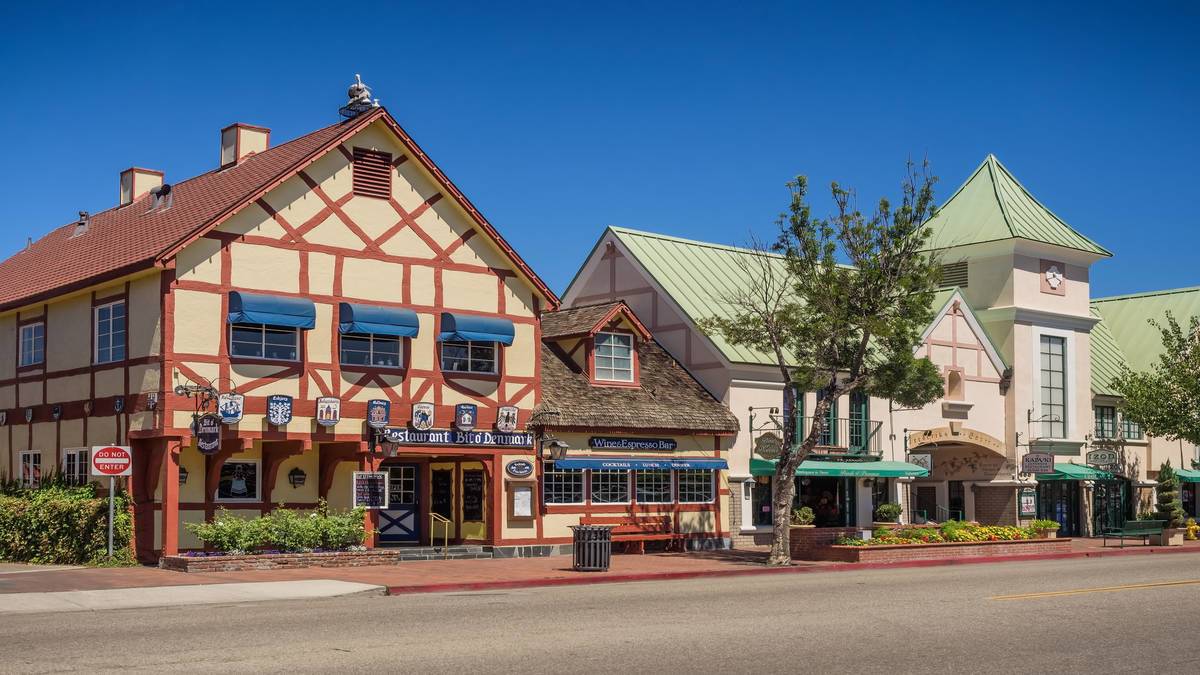 view of city street and danish buildings of Solvang in Santa Ynez Valley near Los Angeles, California, USA