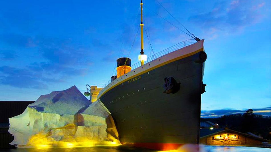 exterior of Titanic Museum during night in Branson, Missouri, USA