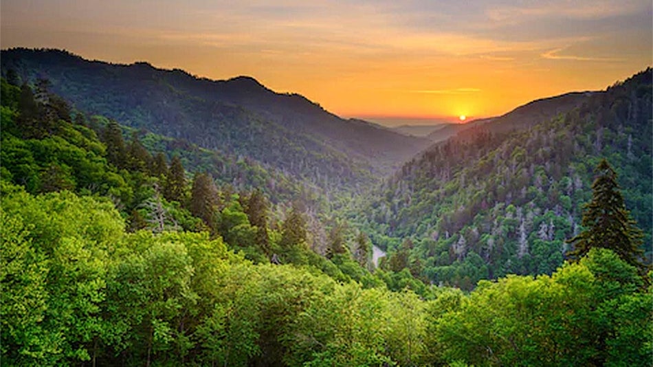 aerial view of orange yellow sunset over summer green trees of the Great Smoky Mountain National Park in Gatlinburg, Tennessee, USA