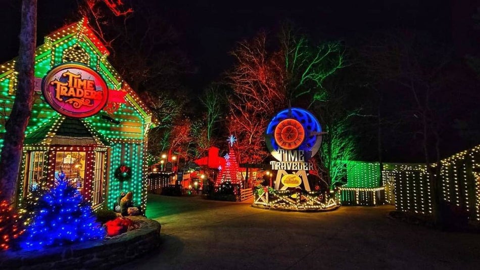 Time Traveler entrance at Silver Dollar City decorated for Christmas - Branson, Missouri, USA