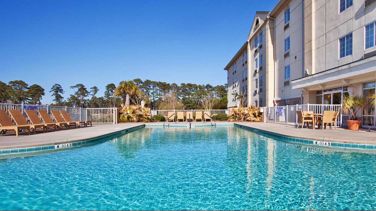 exterior view of pool outside of Holiday Inn Express in Myrtle Beach, South Carolina, USA