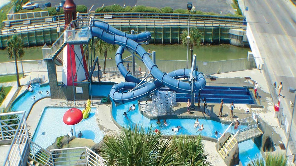 aerial view of water slide and pool at Family Kingdom Splashes Water Park in Myrtle Beach, South Carolina, USA