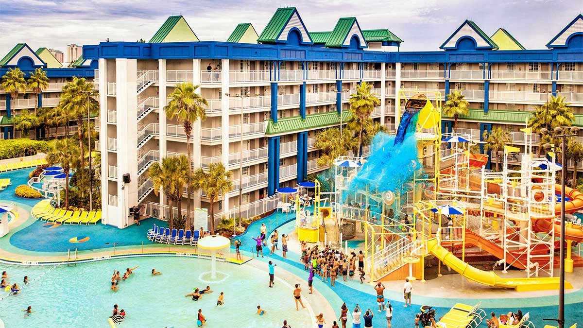 external aerial view of the Holiday Inn Resort Orlando Suites Waterpark area in Orlando, Florida, USA
