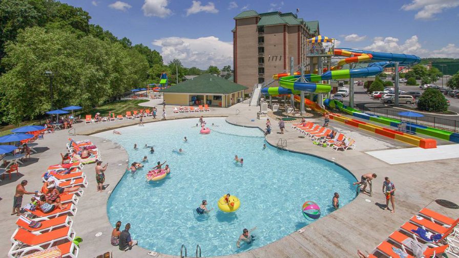 view of water slides outdoors at Country Cascades Waterpark Resort in Pigeon Forge, Tennessee, USA