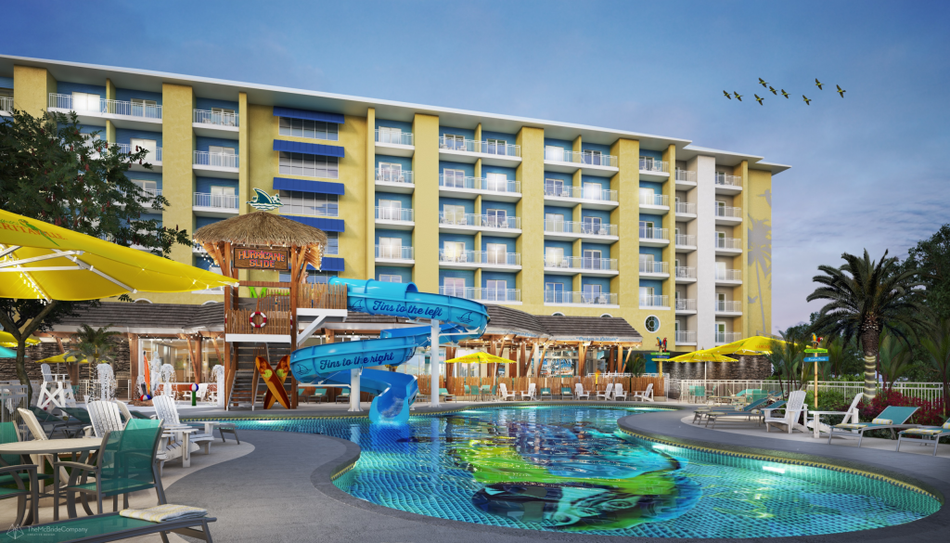 external view of Margaritaville Island Hotel pool and deck in Pigeon Forge, Tennessee, USA