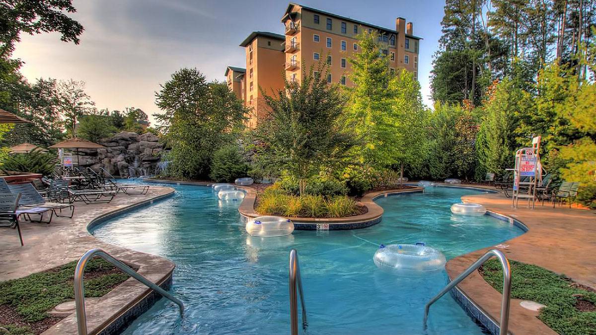 view of lazy pool and Riverstone Resort & Spa in background at Pigeon Forge, Tennessee, USA