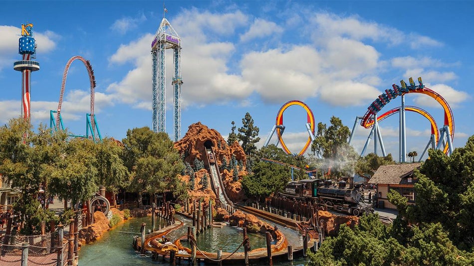 skyline view of amusement park roller coasters at Knotts Berry Farm in Los Angeles, California, USA