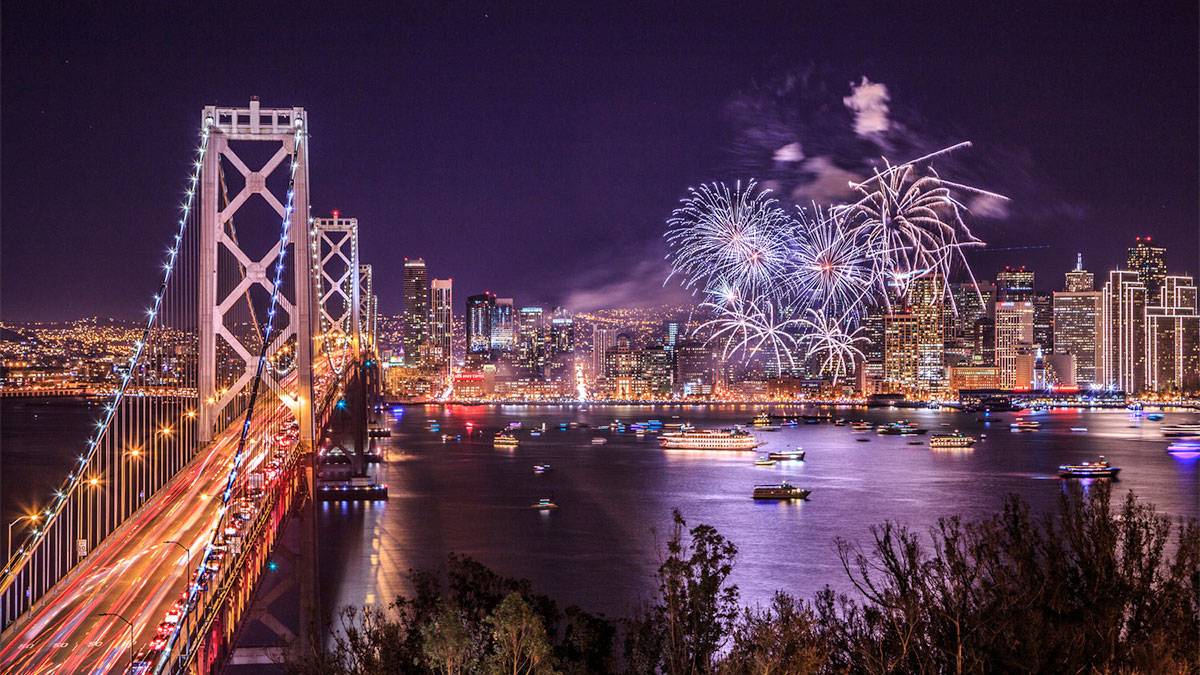 fourth of july celebration with fireworks over the skyline and bay with golden gate bridge in San Francisco, California, USA