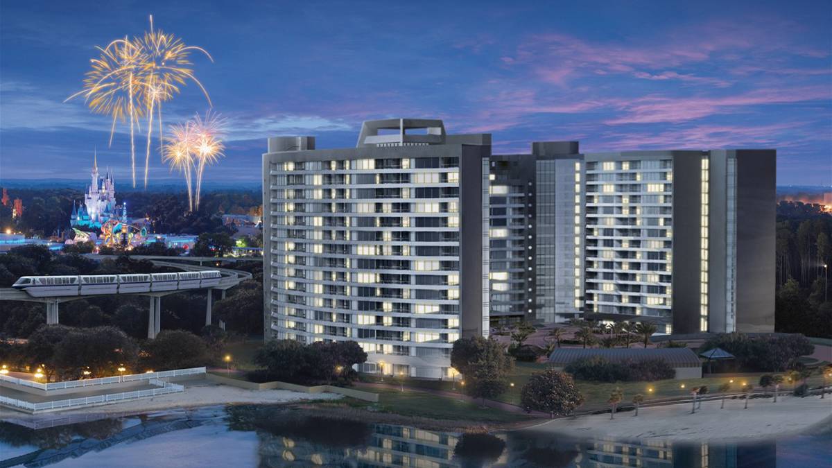 external view of Disney Contemporary Tower Bay Resort with fireworks behind the building in Orlando, Florida, USA