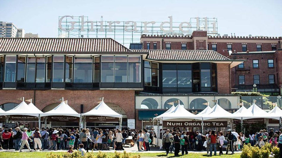 exterior of ghirardelli chocolate building with festival tents