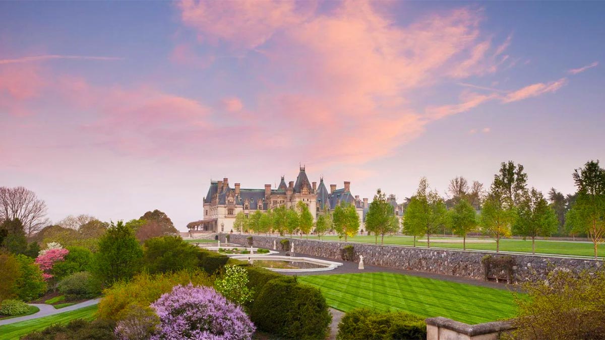 large view of biltmore estate and gardens in Asheville, North Carolina, USA