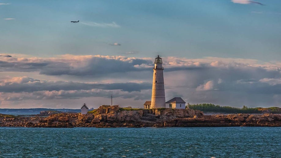 Wide shot of a lighthouse on Boston Harbor Islands in Boston, Massachusetts, USA