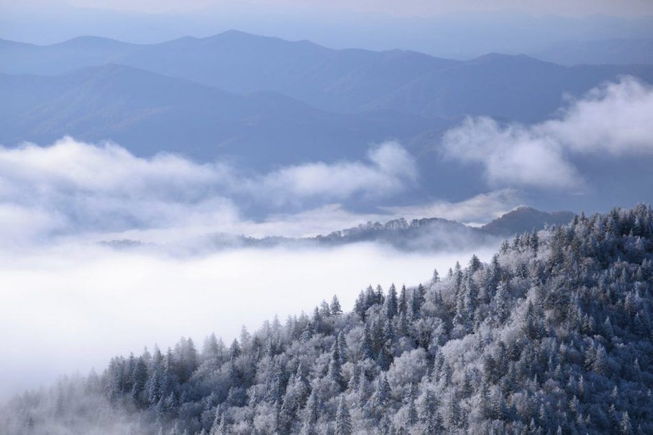 aerial view of the great smoky mountains in the snowy winter