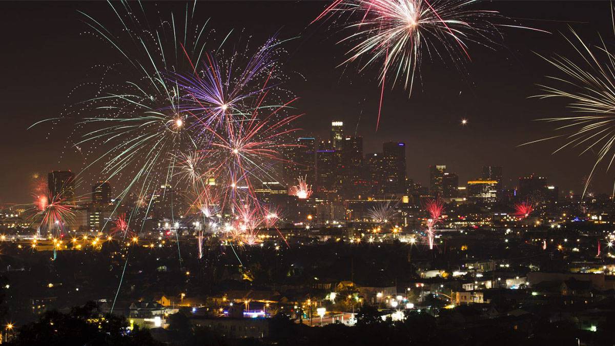 firework over city for fourth of july celebration in Los Angeles, California, USA