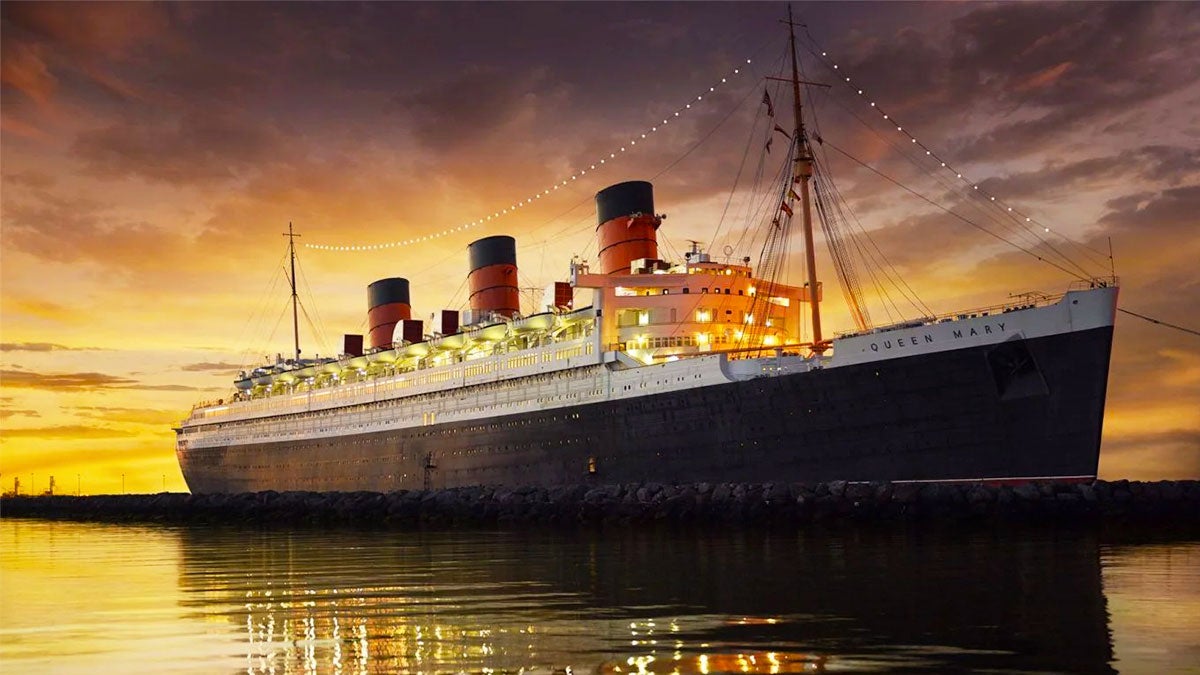 exterior of queen mary at sunset