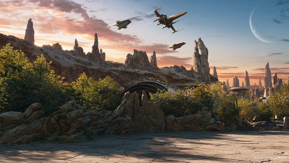 artist rendition of Star Wars Galaxy's Edge in Disneyland in Los Angeles, California, USA