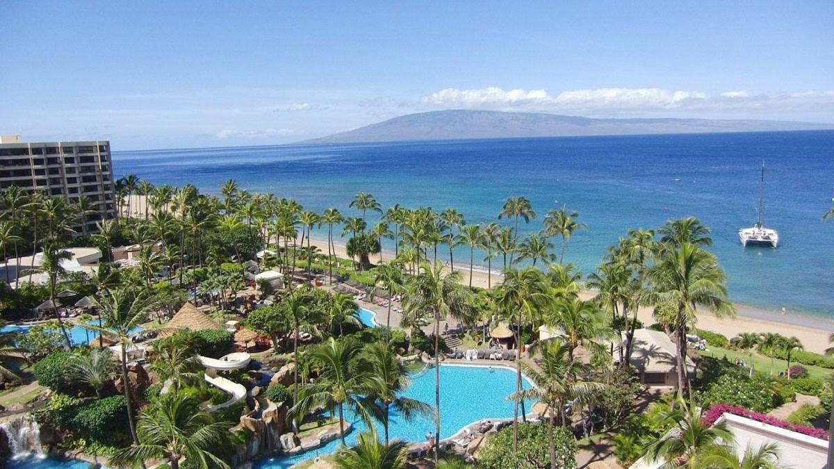 view of maui beach with hotels and resorts