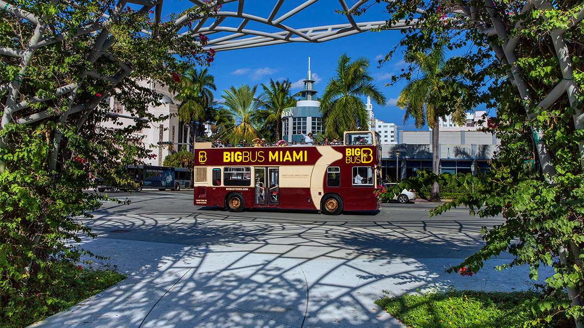 red Big Bus Tours bus driving through downtown Miami, Florida, USA