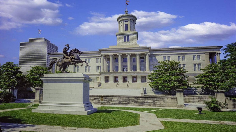 exterior view of the capitol building on a sunny day in Nashville, Tennessee, USA