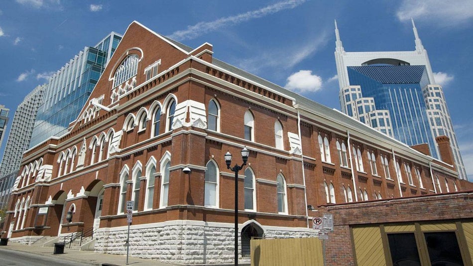 exterior view of Ryman Auditorium on a sunny day in Nashville, Tennessee, USA