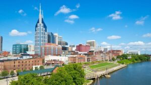 view of skyline along river in Nashville, Tennessee, USA