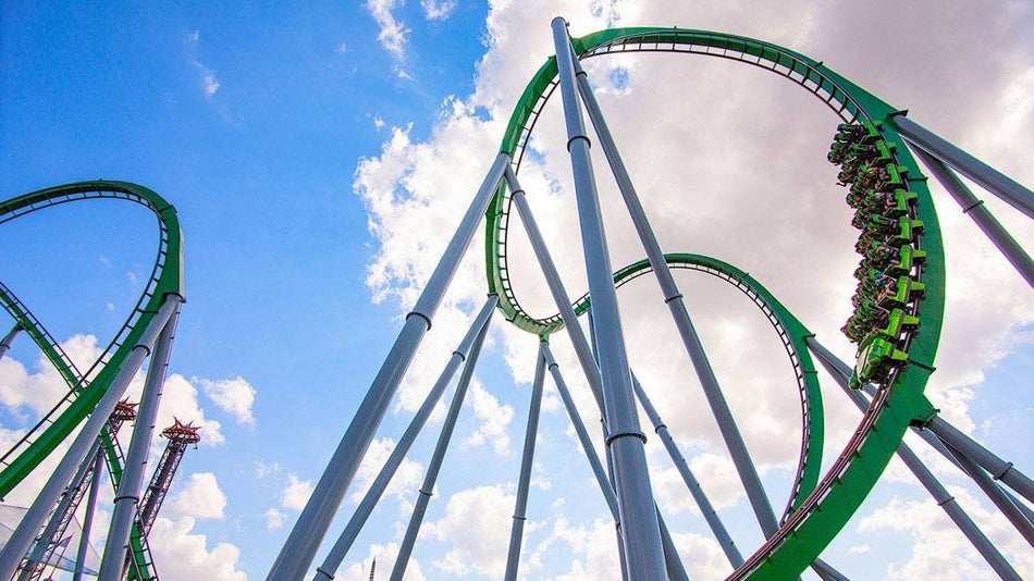 view of guests on the Hulk Roller Coaster Island's of Adventure in Orlando, Florida, USA