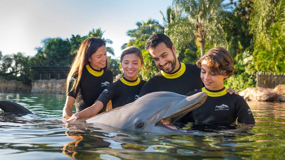 Family in black wet suits with a dolphin in front of them in the water at Discovery Cove in Orlando, Florida, USA