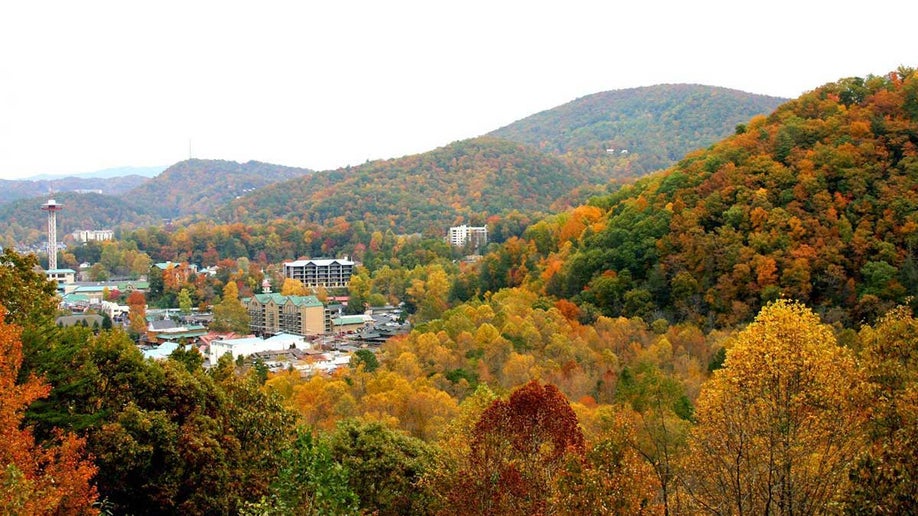 aerial view of downtown pigeon forge during autumn or fall with changing leaves