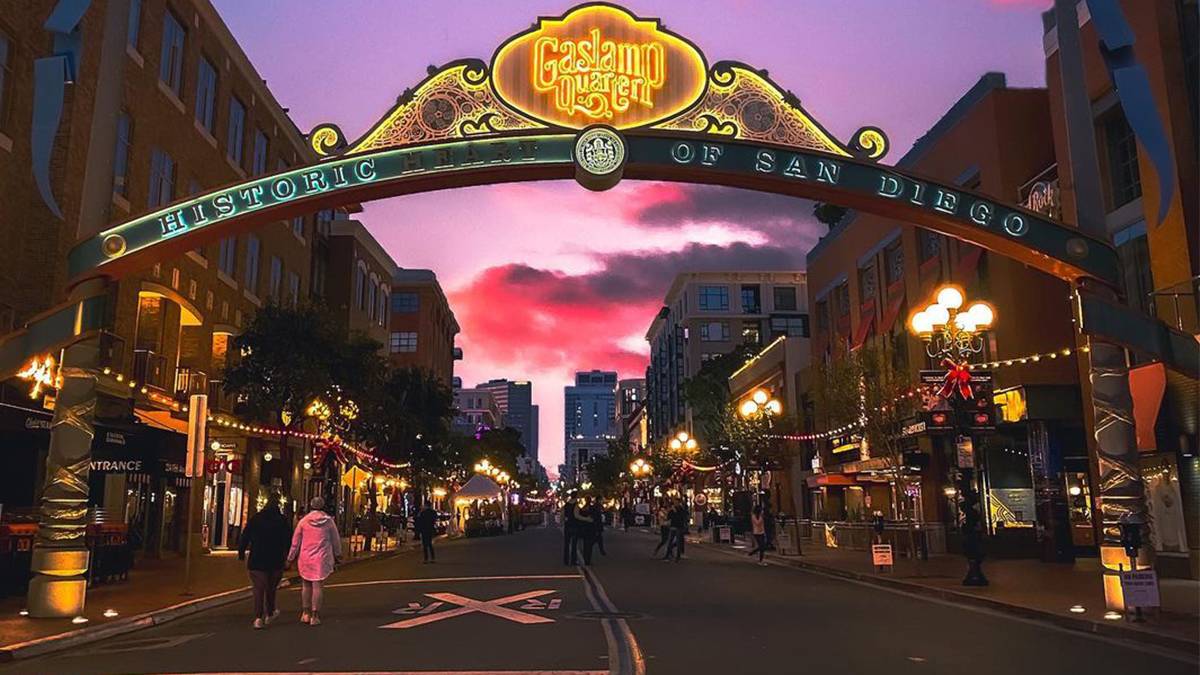 view of gaslamp quarter street at night in san diego