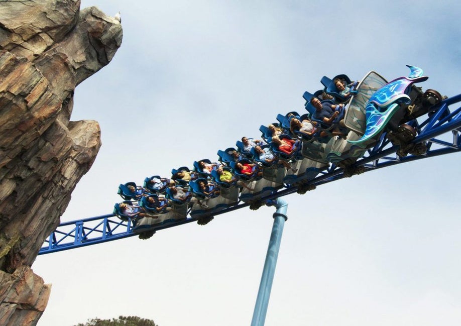 guests on the manta roller coaster at san diego seaworld