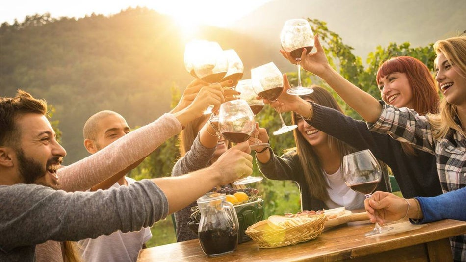Happy friends having fun outdoors drinking wine