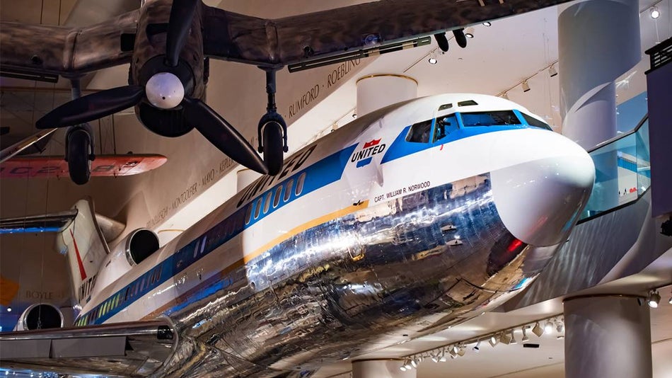 United airplane hanging from the ceiling in the Museum of Science and Industry in Chicago, Illinois