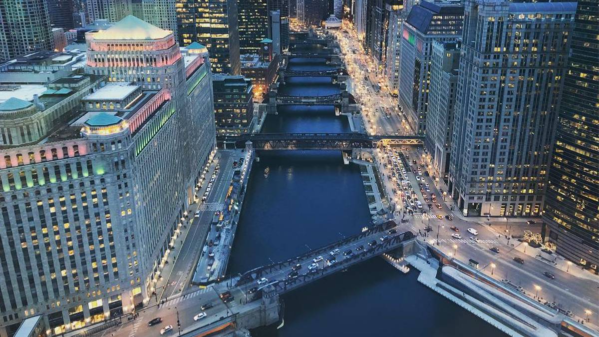 Looking down at the Wolf Point fork in the Chicago river with the city around it in Chicago, Illinois, USA