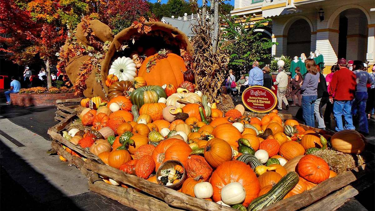 Pumpkins of all different sizes and color coming out of a giant cornucopia at the Smoky Mountain Harvest Festival in Gatlinburg, Tennessee, USA