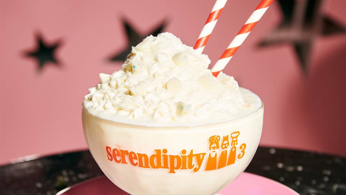 Close up view of the top of a shake with two straws at Serendipity3 in NYC, New York