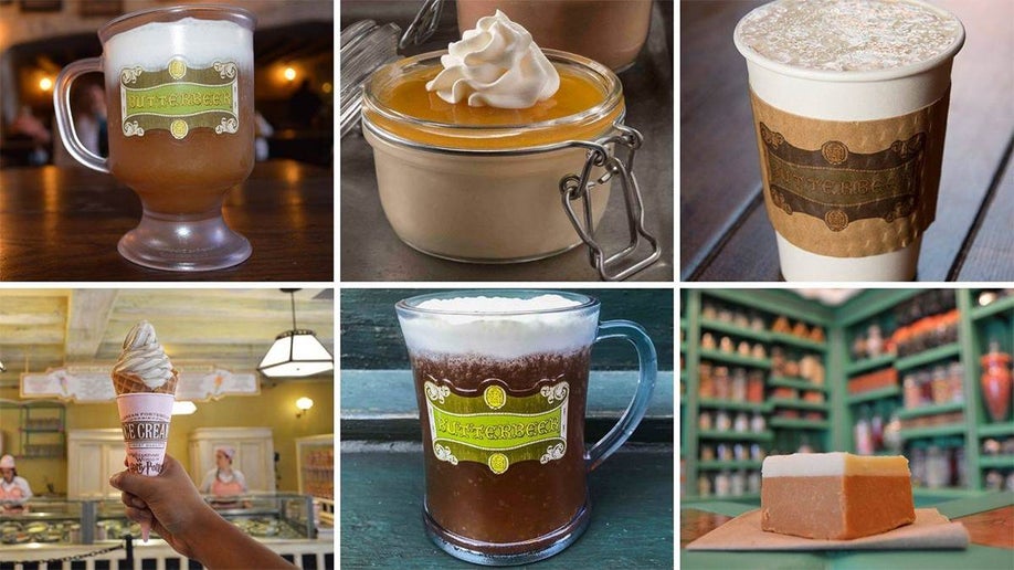 Collage of all the different way you can consume butter beer at Universal Studios in Orlando, Florida, USA