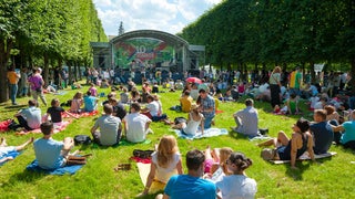 Wide shot of people enjoying an outdoor concert on a sunny day