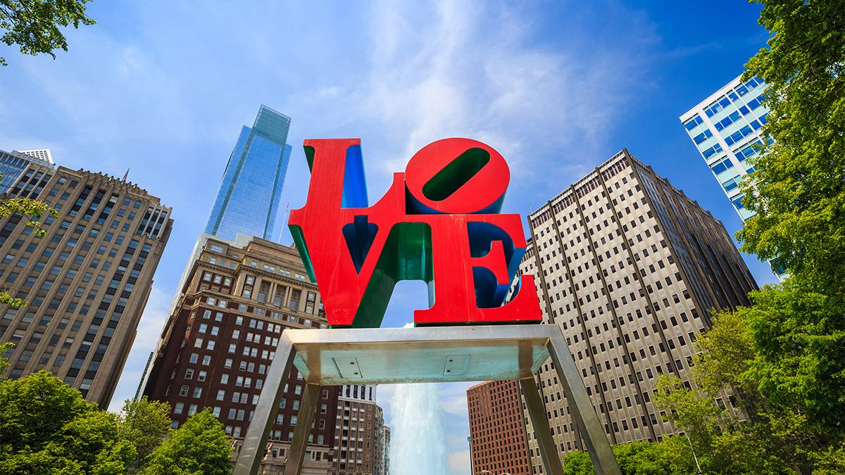 Shot looking up at the LOVE Sculpture by Robert Indiana in Philadelphia, Pennsylvania